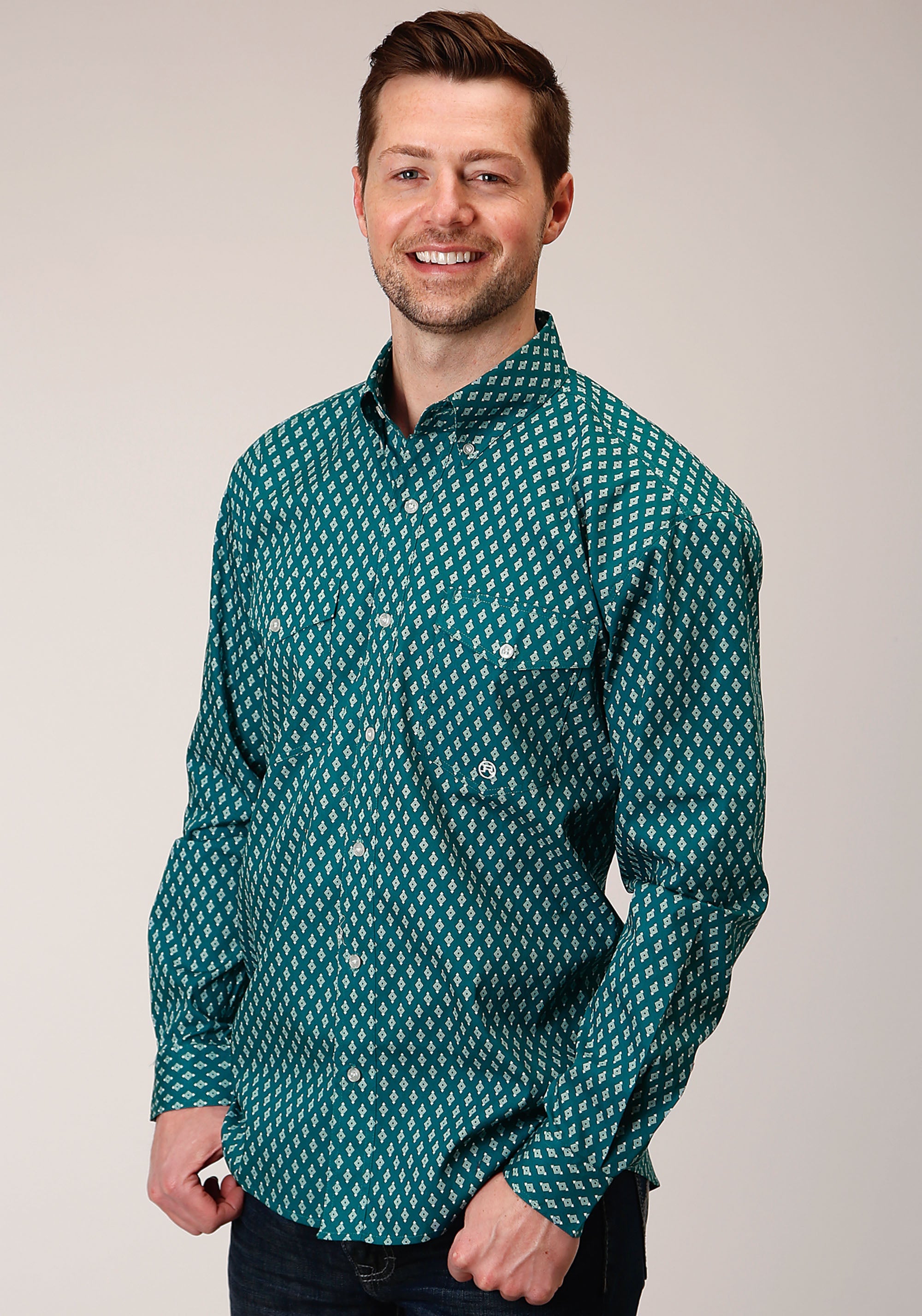 Roper Mens Long Sleeve Button Point Diamonds Teal Western Shirt