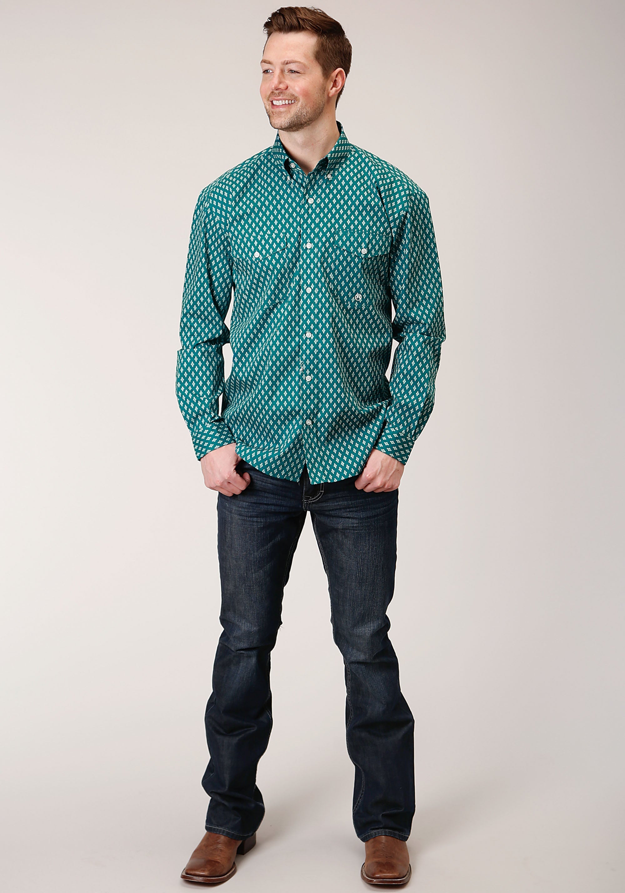 Roper Mens Long Sleeve Button Point Diamonds Teal Western Shirt - Flyclothing LLC