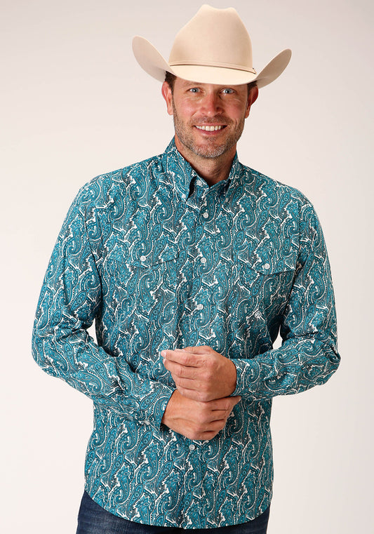 Roper Mens Long Sleeve Button Upstream Paisley Western Shirt