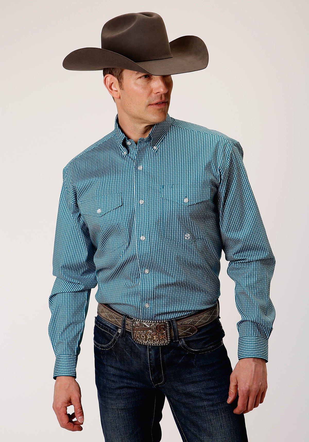 Roper Mens Long Sleeve Button Arrow Roper Print Teal Western Shirt