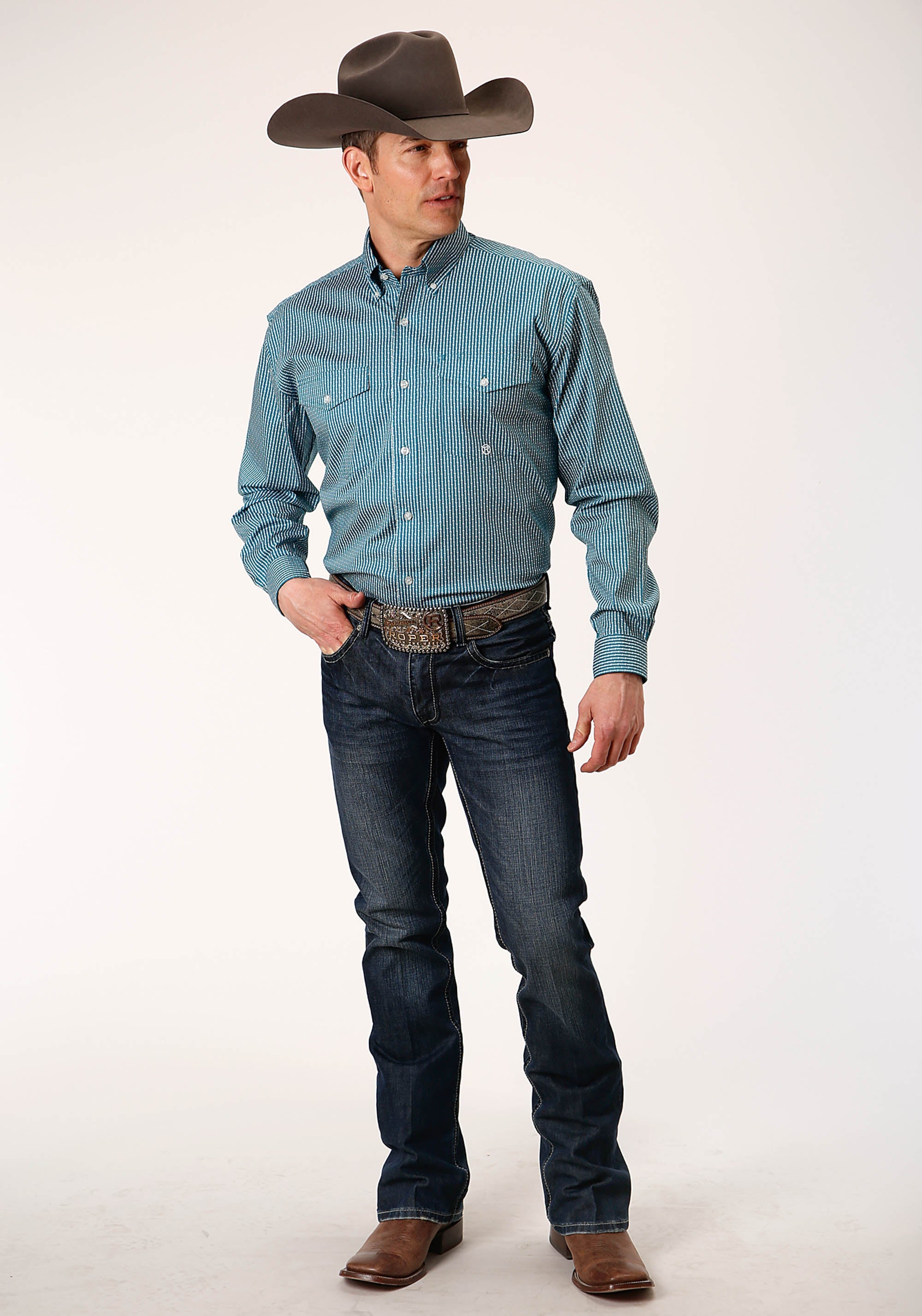 Roper Mens Long Sleeve Button Arrow Roper Print Teal Western Shirt - Flyclothing LLC