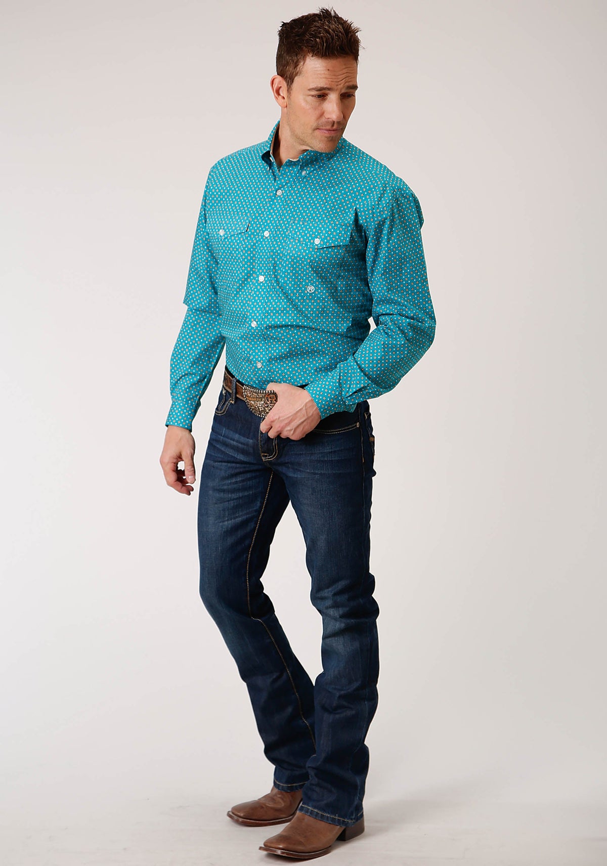 Roper Mens Long Sleeve Button Turquoise Foulard Western Shirt - Flyclothing LLC