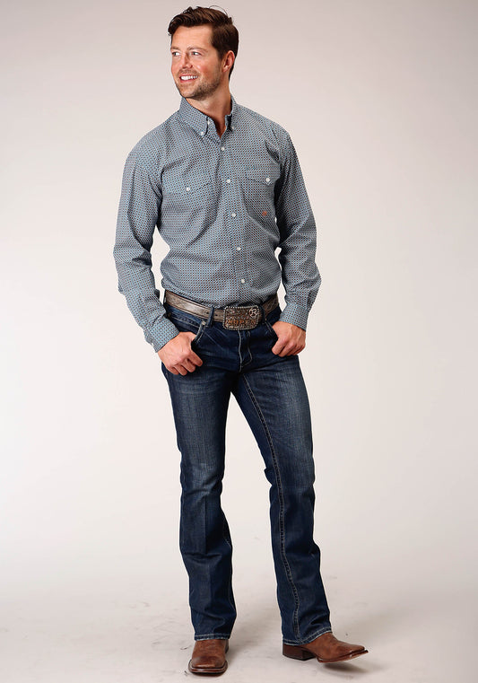 Roper Mens Long Sleeve Button Blue Geo Western Shirt - Flyclothing LLC