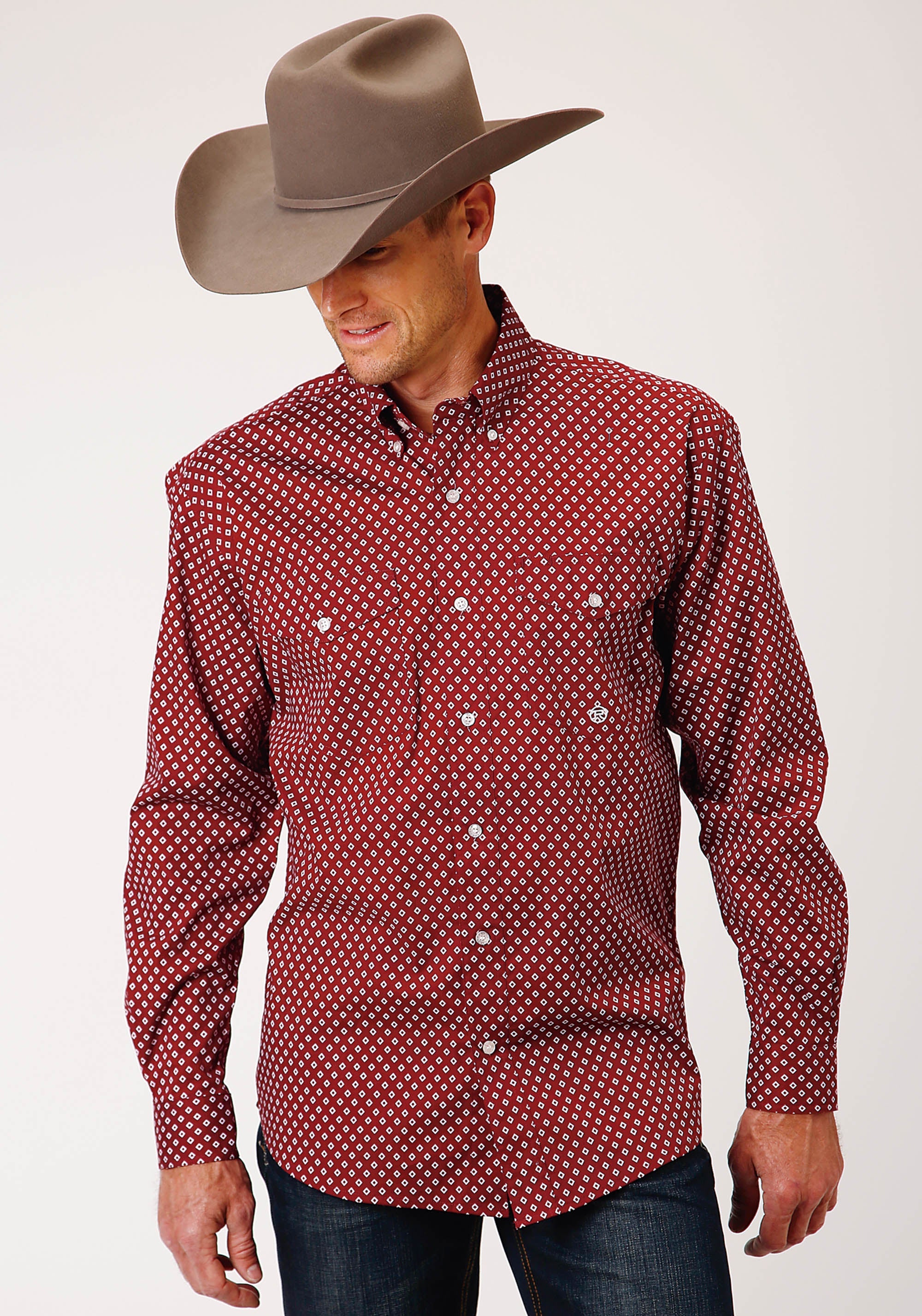 Roper Mens Long Sleeve Button Stretch Poplin Diamond Wine Western Shirt