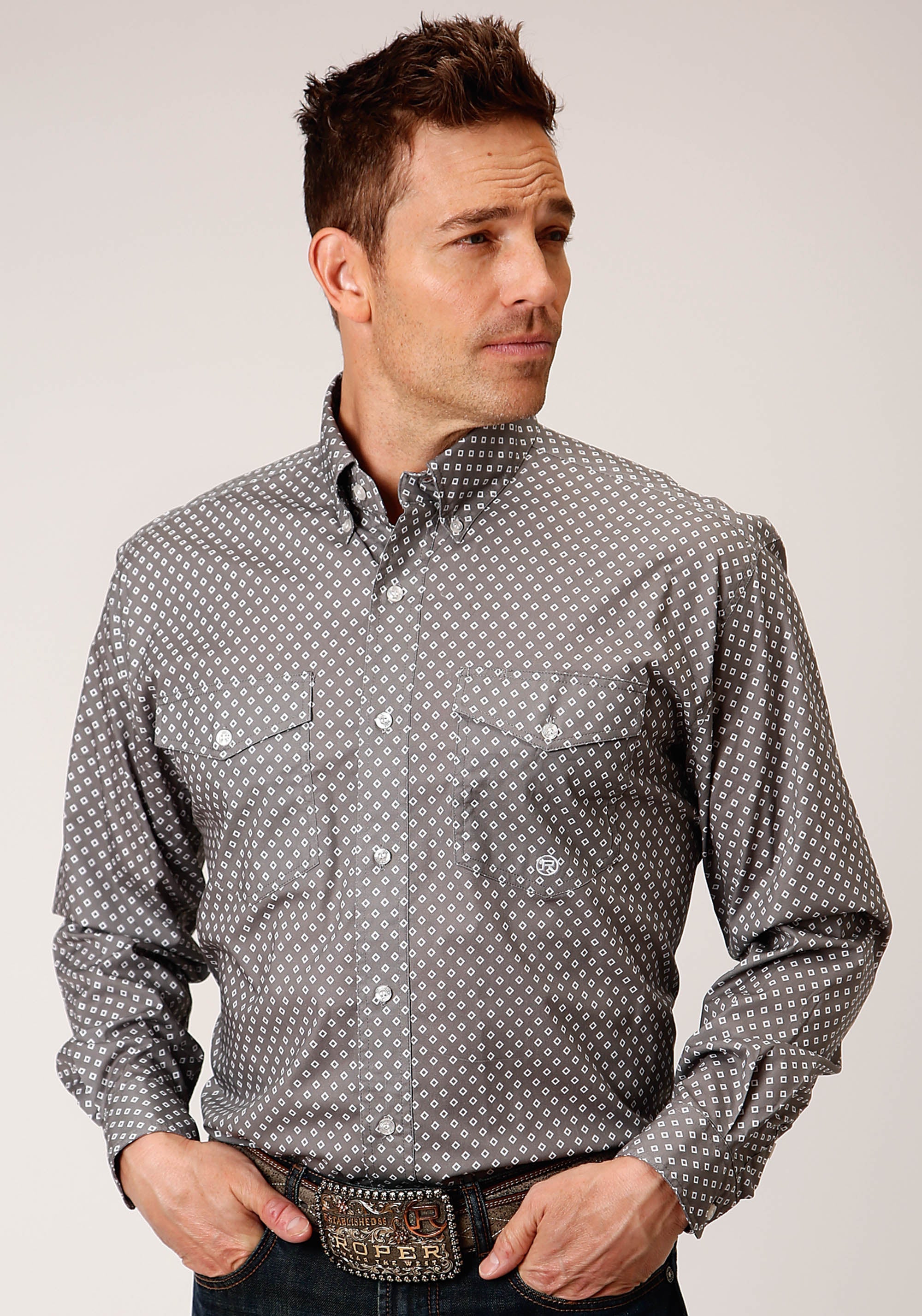 Roper Mens Long Sleeve Button Stretch Poplin Diamond Grey Western Shirt