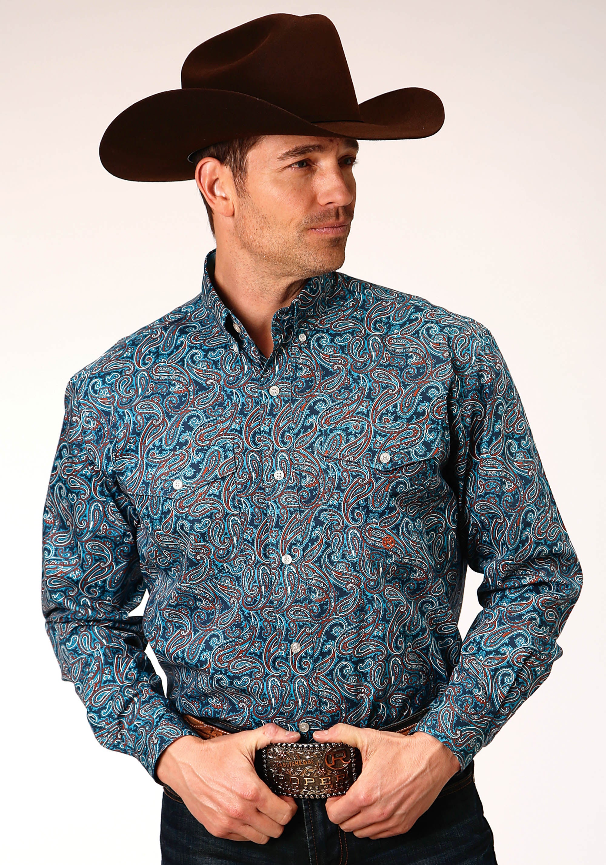 Roper Mens Long Sleeve Button Blue Canyon Paisley Western Shirt