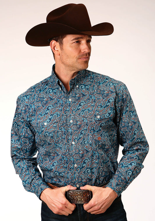 Roper Mens Long Sleeve Button Blue Canyon Paisley Western Shirt