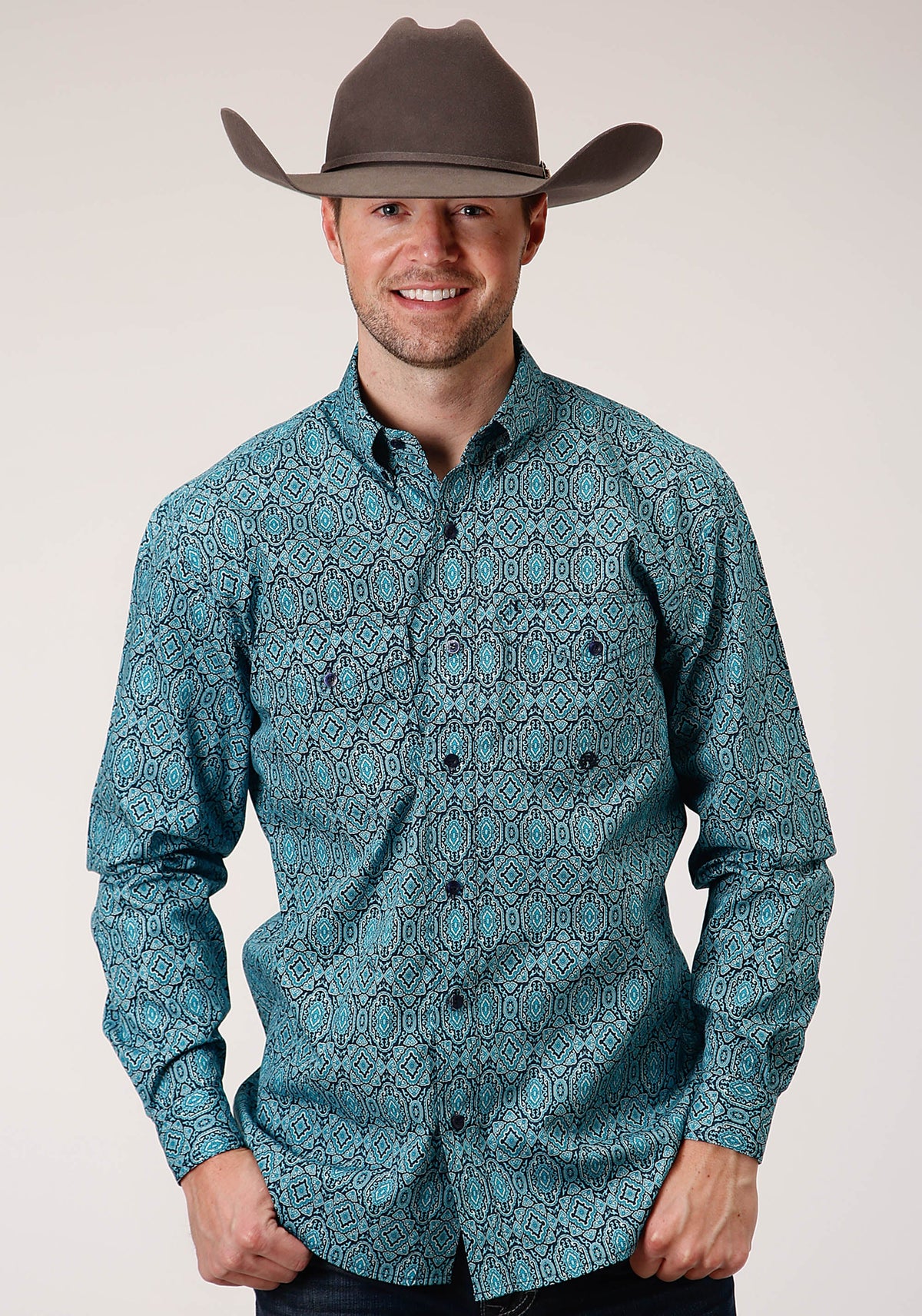 Roper Mens Long Sleeve Button Medallion Paisley Western Shirt