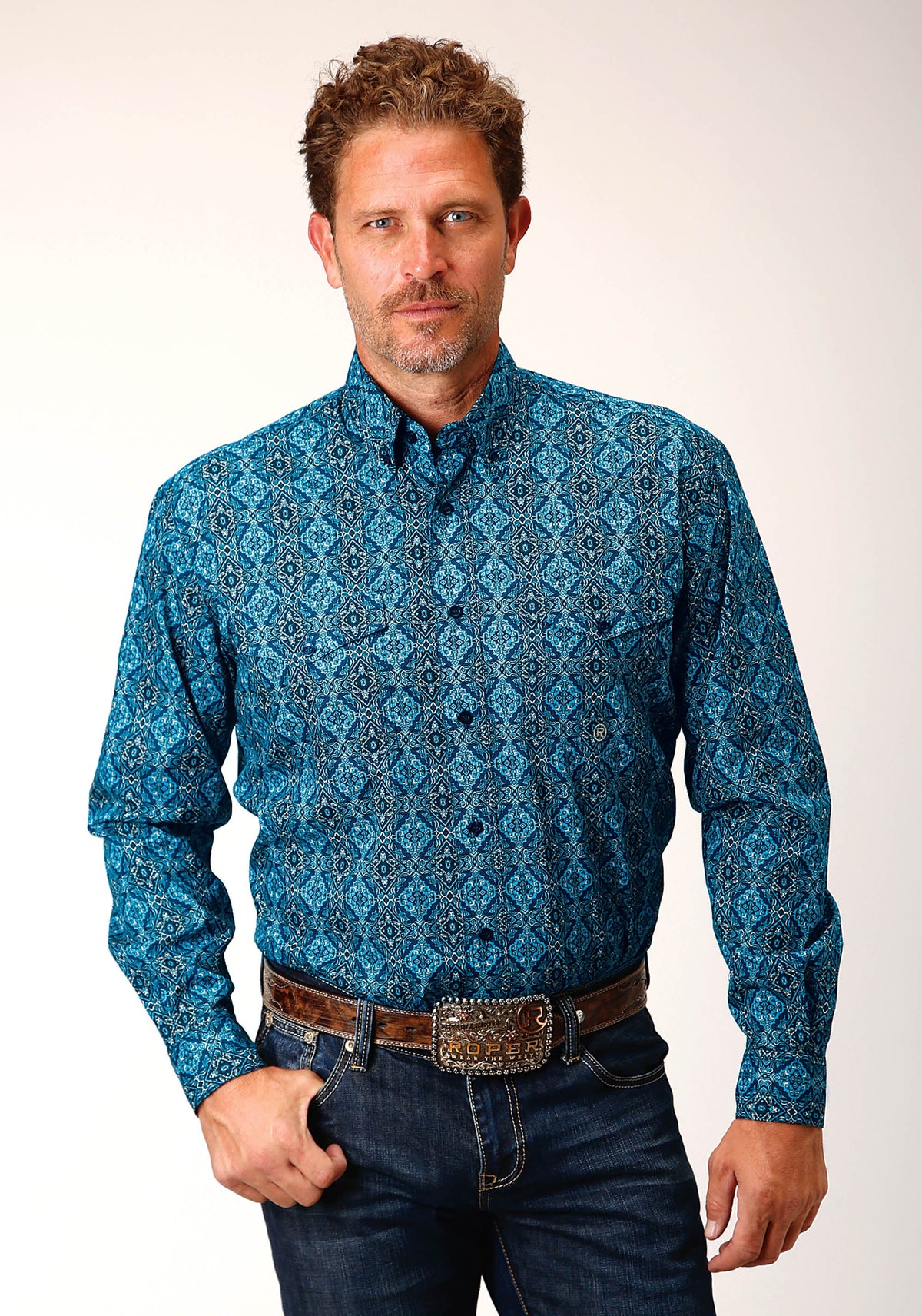 Roper Mens Long Sleeve Button Gothic Medallion Western Shirt