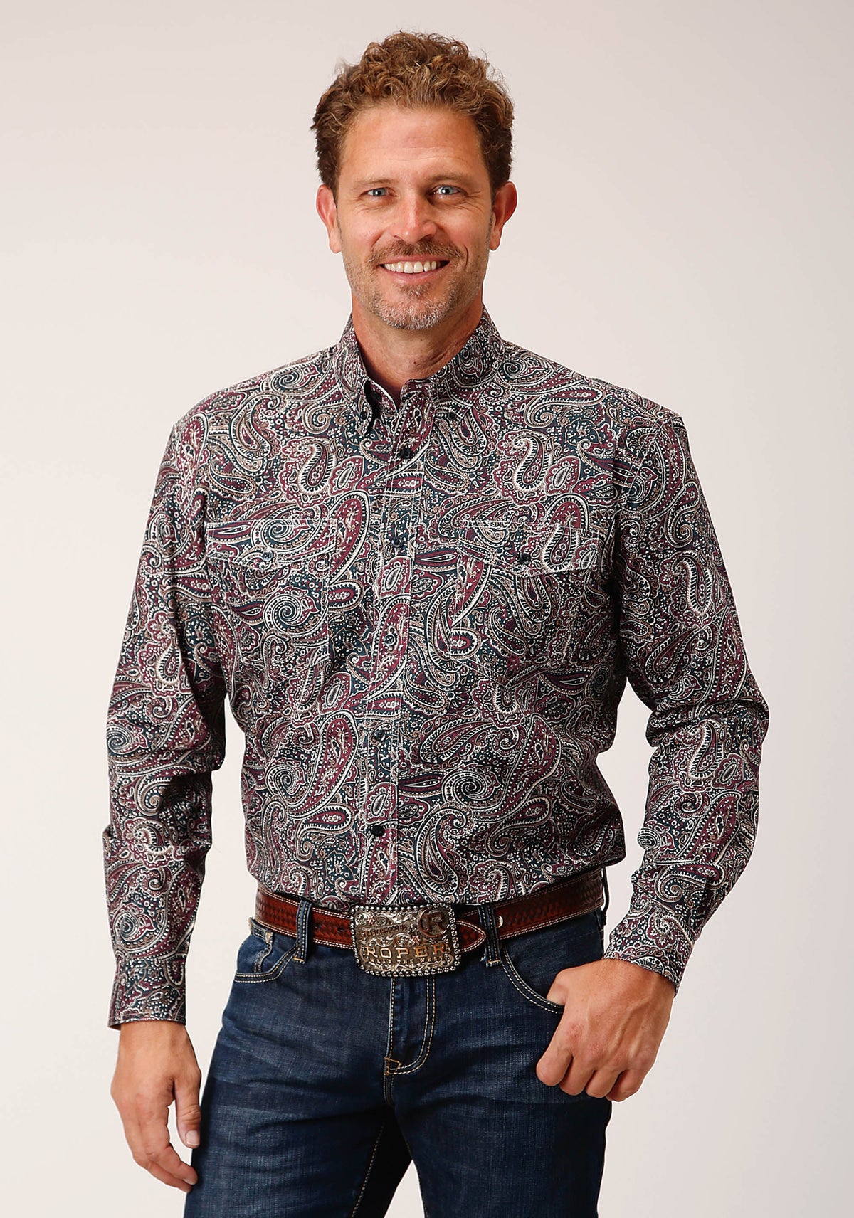 Roper Mens Long Sleeve Button Old Time Paisley Western Shirt