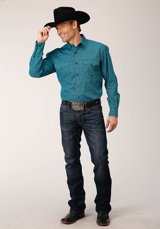 Roper Mens Long Sleeve Button Vintage Teal Print Western Shirt - Flyclothing LLC