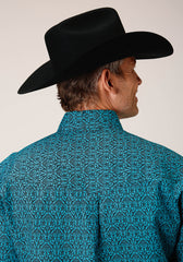 Roper Mens Long Sleeve Button Vintage Teal Print Western Shirt - Flyclothing LLC