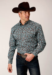 Roper Mens Long Sleeve Button Turquoise Mine Paisley Western Shirt