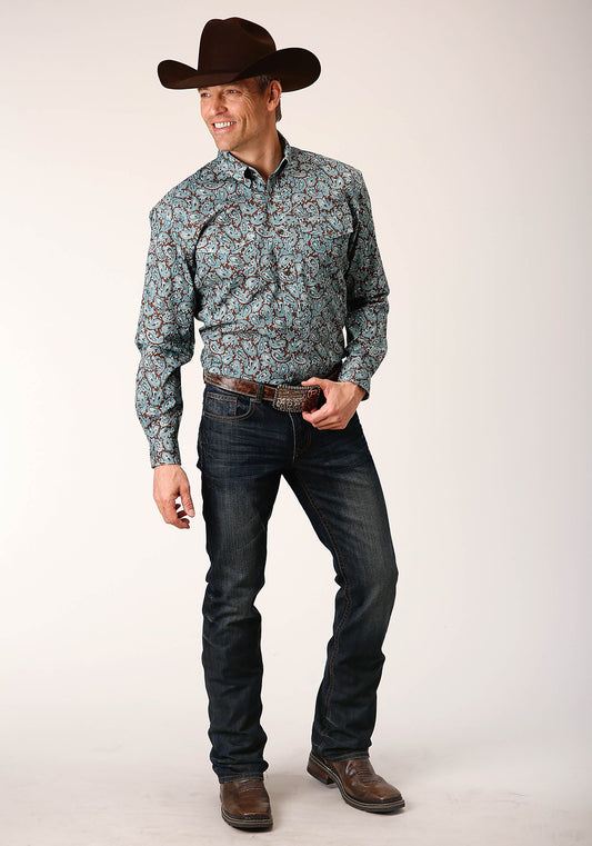 Roper Mens Long Sleeve Button Turquoise Mine Paisley Western Shirt - Flyclothing LLC