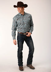 Roper Mens Long Sleeve Button Turquoise Mine Paisley Western Shirt - Flyclothing LLC