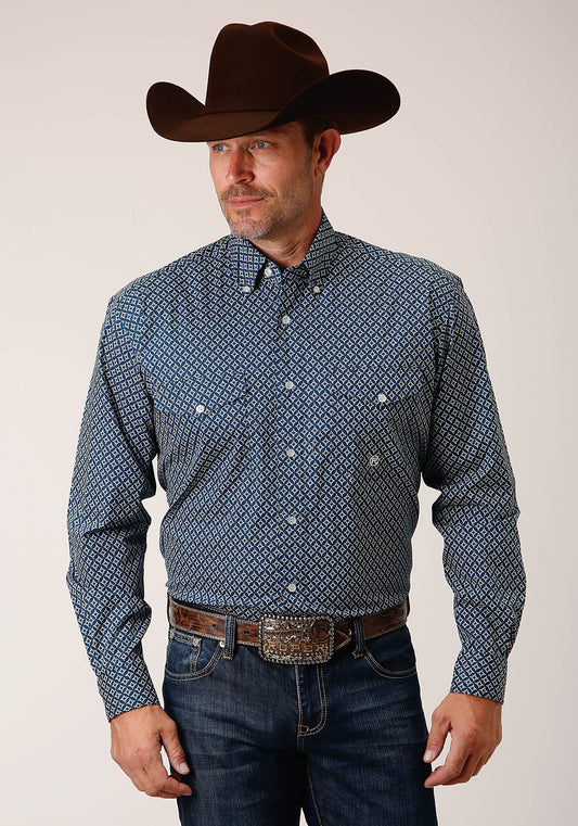 Roper Mens Long Sleeve Button Diamond Print Navy Western Shirt