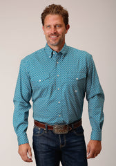 Roper Mens Long Sleeve Button Diamond Print Turquoise Western Shirt