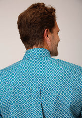 Roper Mens Long Sleeve Button Diamond Print Turquoise Western Shirt - Flyclothing LLC