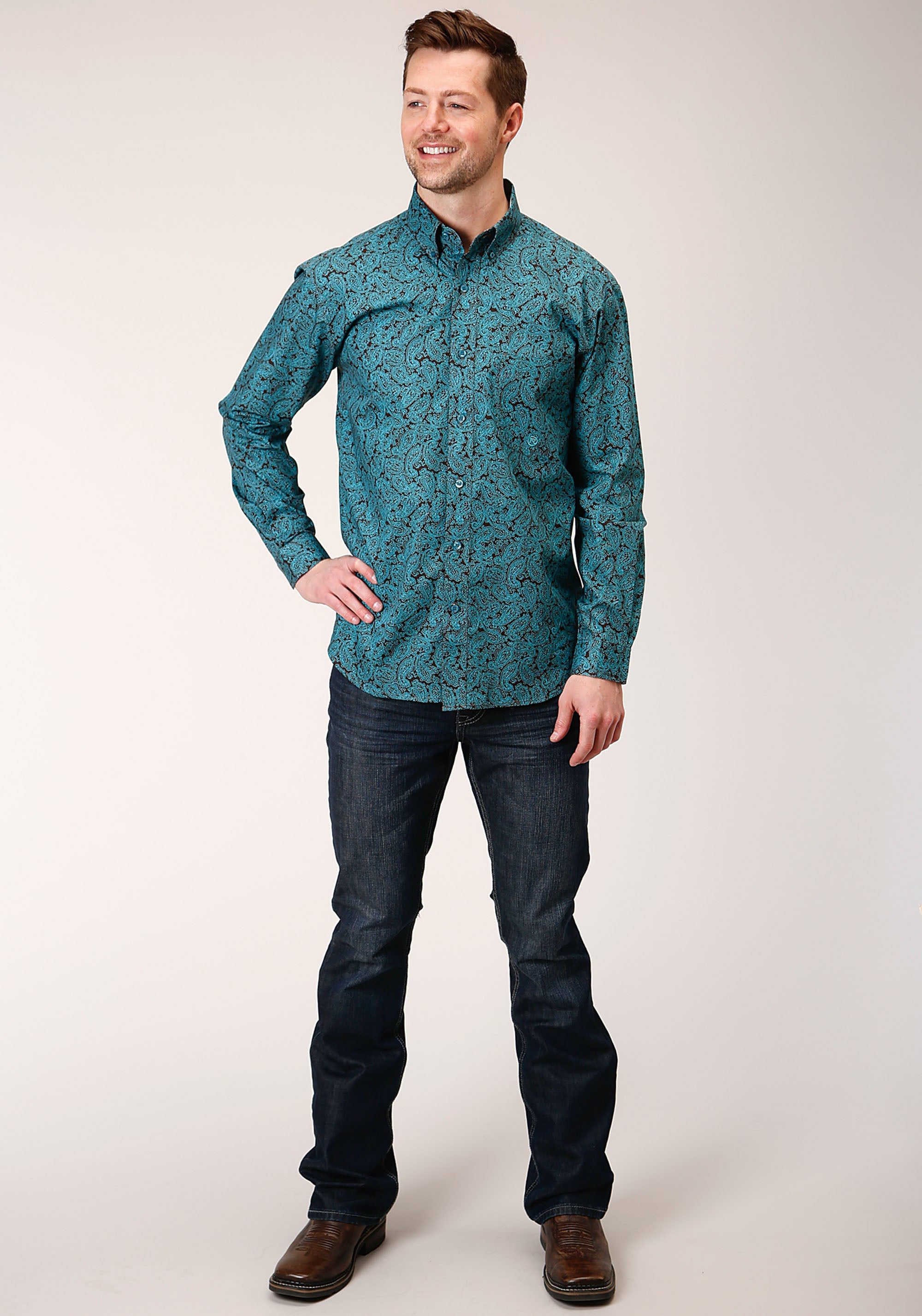 Roper Mens Long Sleeve Button Blue Agave Paisley Western Shirt