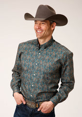 Roper Mens Long Sleeve Button Vintage Teal Paisley Western Shirt