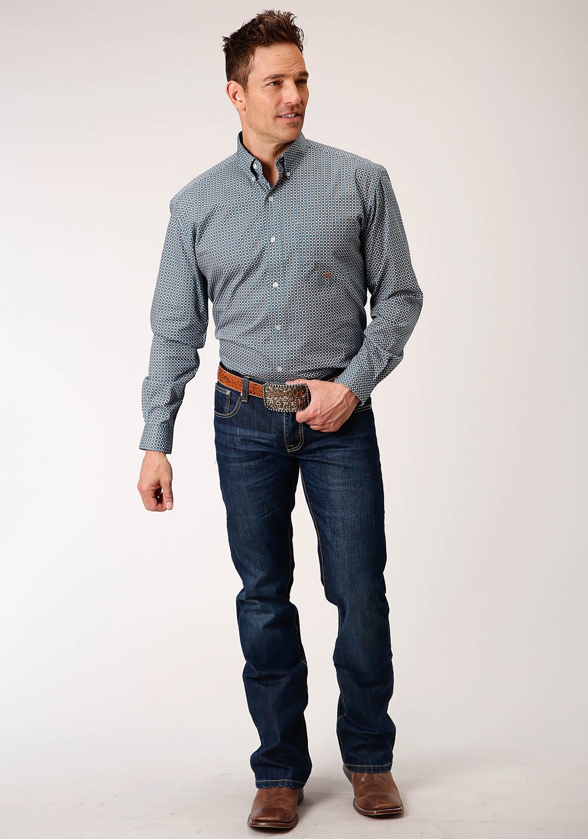 Roper Mens Long Sleeve Button Blue Geo Western Shirt - Flyclothing LLC