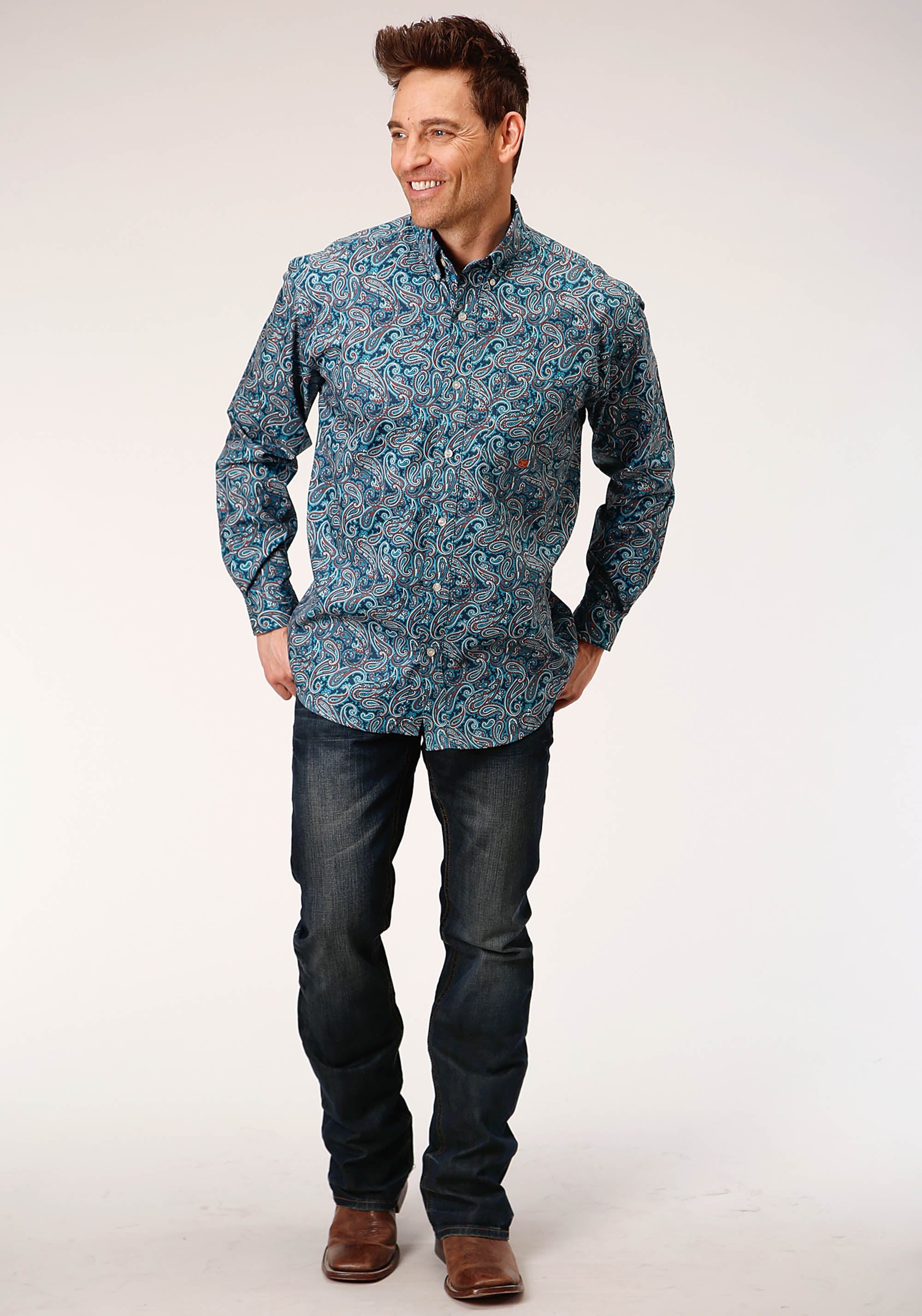 Roper Mens Long Sleeve Button Blue Canyon Paisley Western Shirt