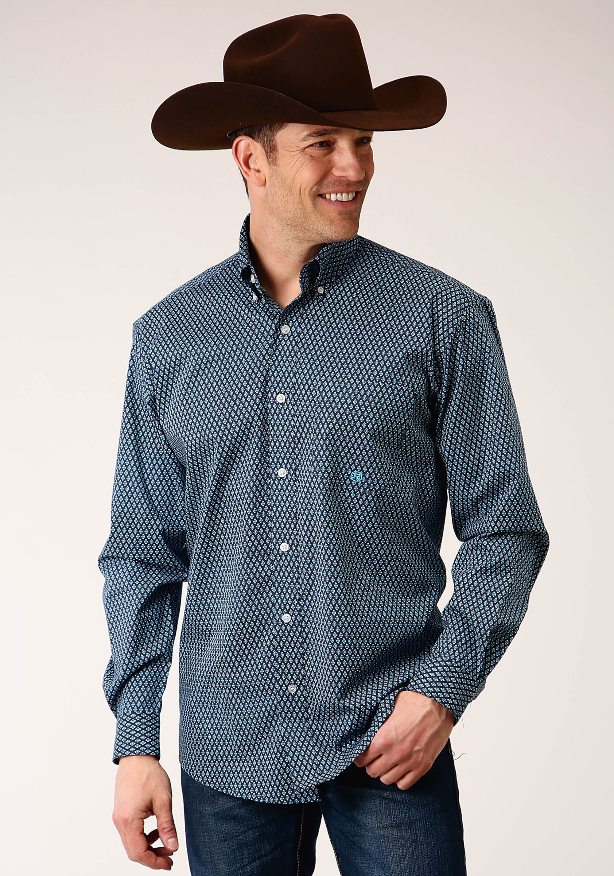 Roper Mens Long Sleeve Button Diamond Neat Navy Western Shirt