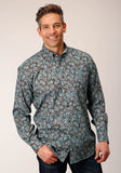 Roper Mens Long Sleeve Button Turquoise Mine Paisley Western Shirt