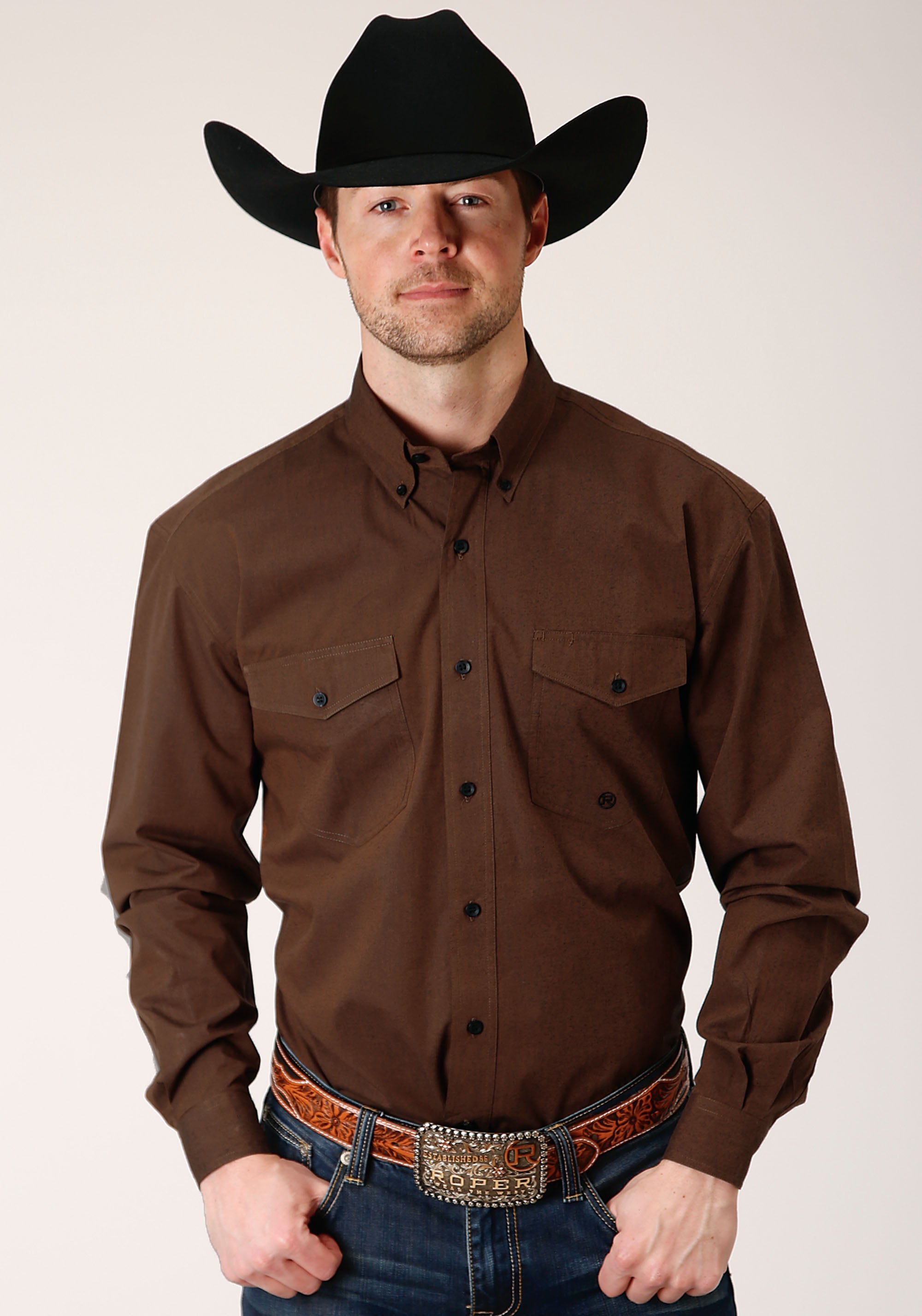 Roper Mens Long Sleeve Button Black Fill Brown Western Shirt