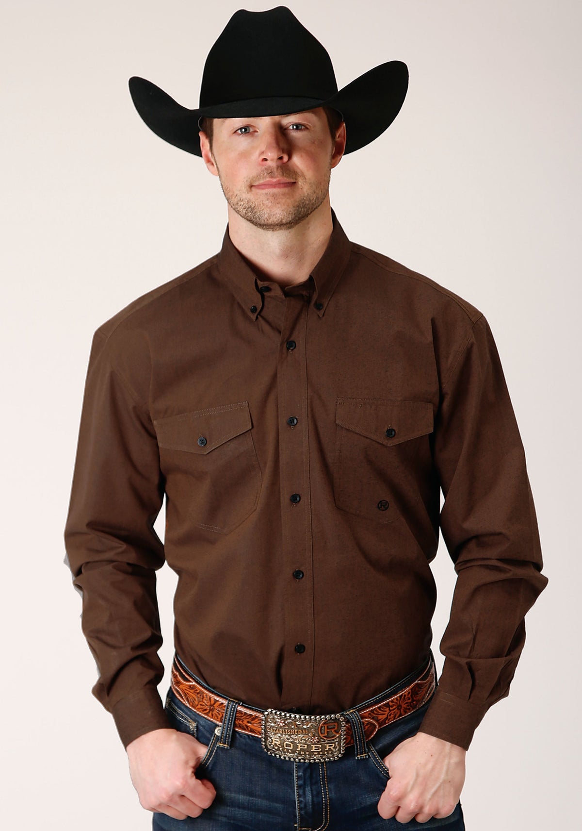 Roper Mens Long Sleeve Button Black Fill Brown Western Shirt