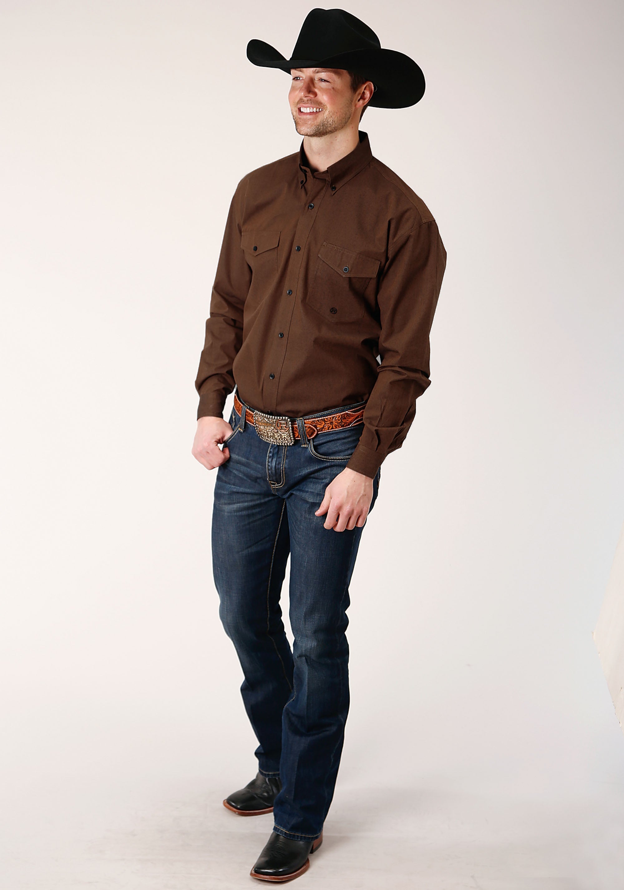 Roper Mens Long Sleeve Button Black Fill Brown Western Shirt - Flyclothing LLC