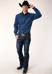 Roper Mens Long Sleeve Button Black Fill Solid Blue Western Shirt - Flyclothing LLC