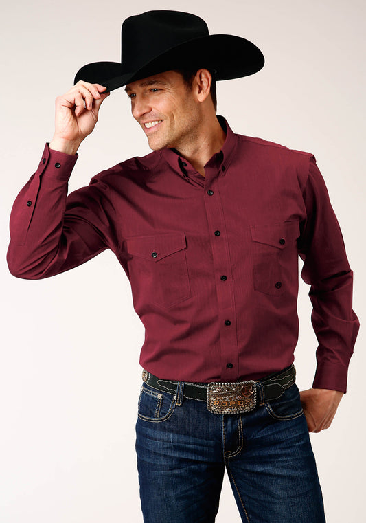 Roper Mens Long Sleeve Button Black Fill Solid Wine Western Shirt