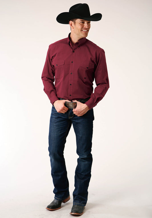 Roper Mens Long Sleeve Button Black Fill Solid Wine Western Shirt - Flyclothing LLC