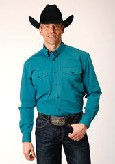 Roper Mens Long Sleeve Button Black Fill Solid Teal Western Shirt