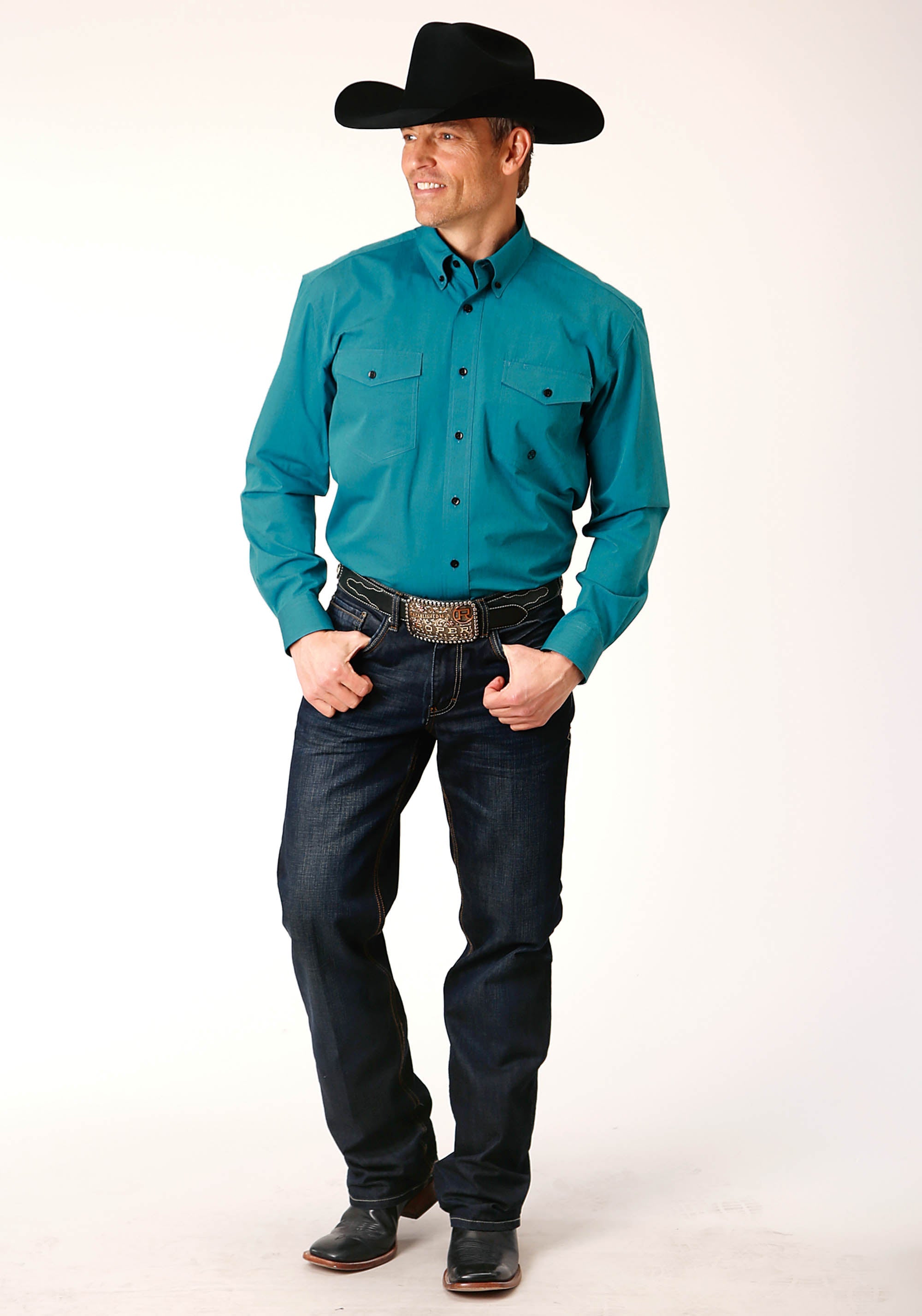 Roper Mens Long Sleeve Button Black Fill Solid Teal Western Shirt - Flyclothing LLC