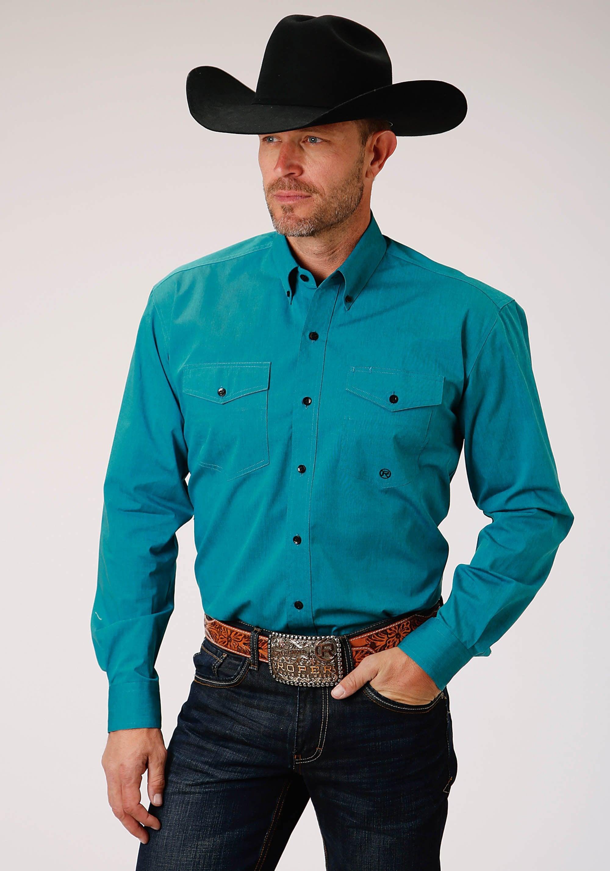 ROPER MENS TEAL SOLID BLACK FILL TWILL LONG SLEEVE BUTTON WESTERN SHIRT - Flyclothing LLC