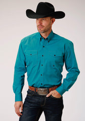 ROPER MENS TEAL SOLID BLACK FILL TWILL LONG SLEEVE BUTTON WESTERN SHIRT - Flyclothing LLC