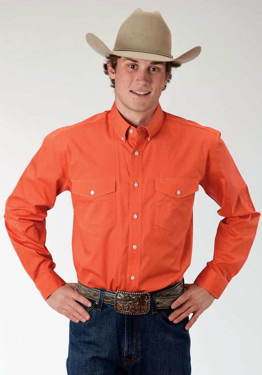 Roper Mens Orange Solid Long Sleeve Western Button Shirt