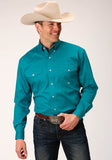 Roper Mens Long Sleeve Button Solid Poplin Stretch Turquoise Western Shirt