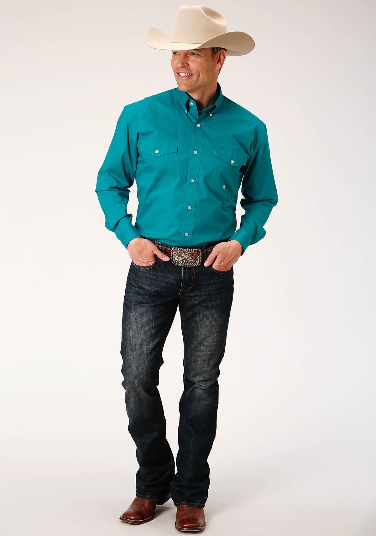 Roper Mens Long Sleeve Button Solid Poplin Stretch Turquoise Western Shirt - Flyclothing LLC