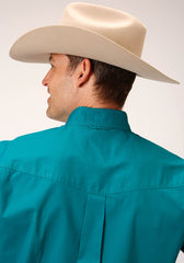 Roper Mens Long Sleeve Button Solid Poplin Stretch Turquoise Western Shirt - Flyclothing LLC