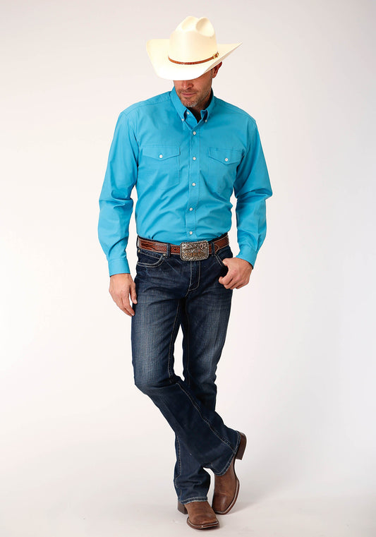 Roper Mens Long Sleeve Button Stretch Poplin Turquoise Western Shirt - Flyclothing LLC