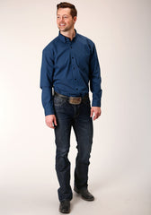 Roper Mens Long Sleeve Button Black Fill Solid Blue Western Shirt - Flyclothing LLC