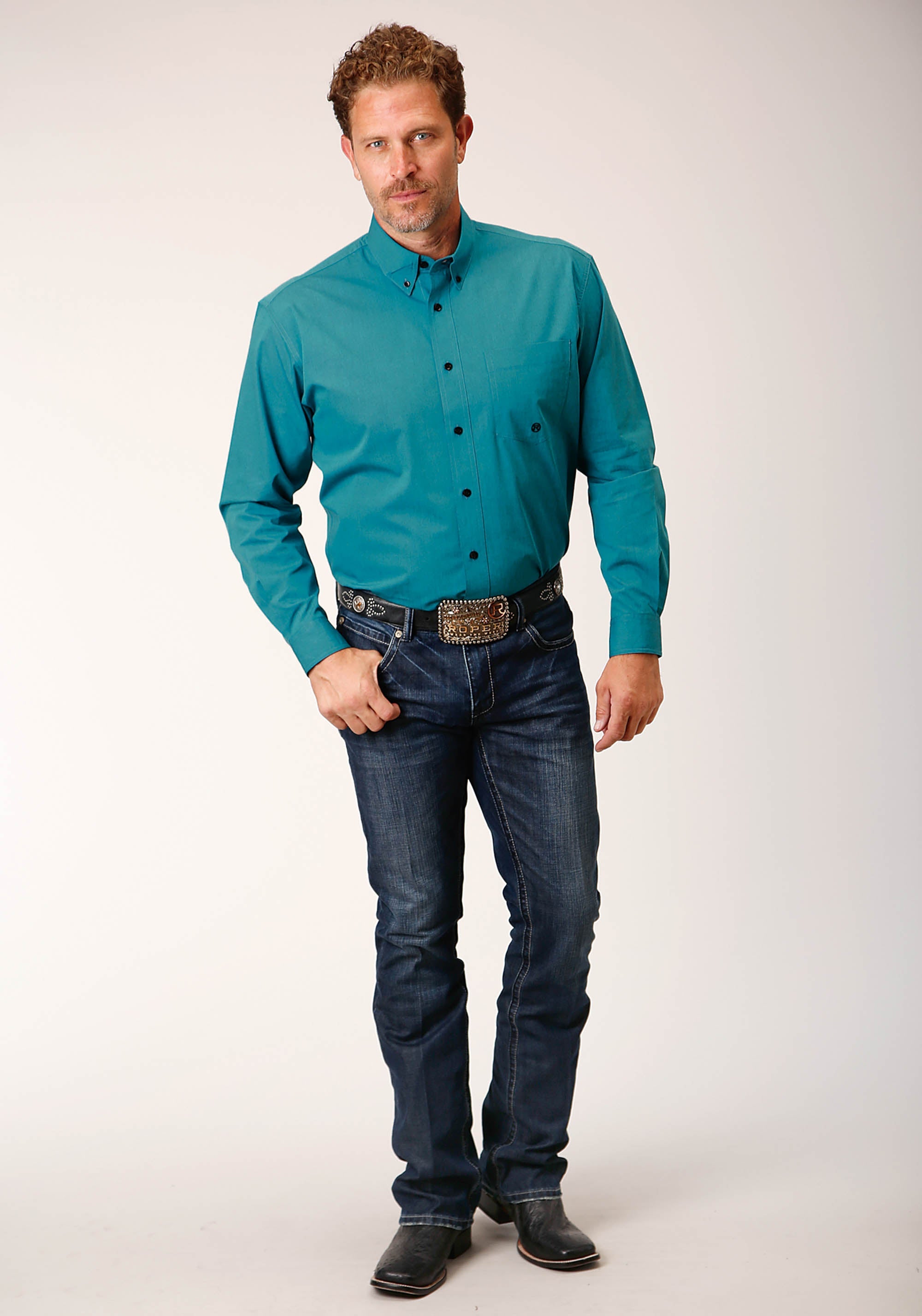 Roper Mens Long Sleeve Button Black Fill Solid Teal Western Shirt - Flyclothing LLC