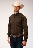 Roper Mens Brown Solid Black Fill Twill  Long Sleeve Button Western Shirt