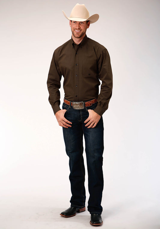 Roper Mens Brown Solid Black Fill Twill  Long Sleeve Button Western Shirt - Flyclothing LLC