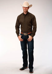 Roper Mens Brown Solid Black Fill Twill  Long Sleeve Button Western Shirt