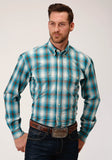 Roper Mens Long Sleeve Button Teal Ombre Western Shirt