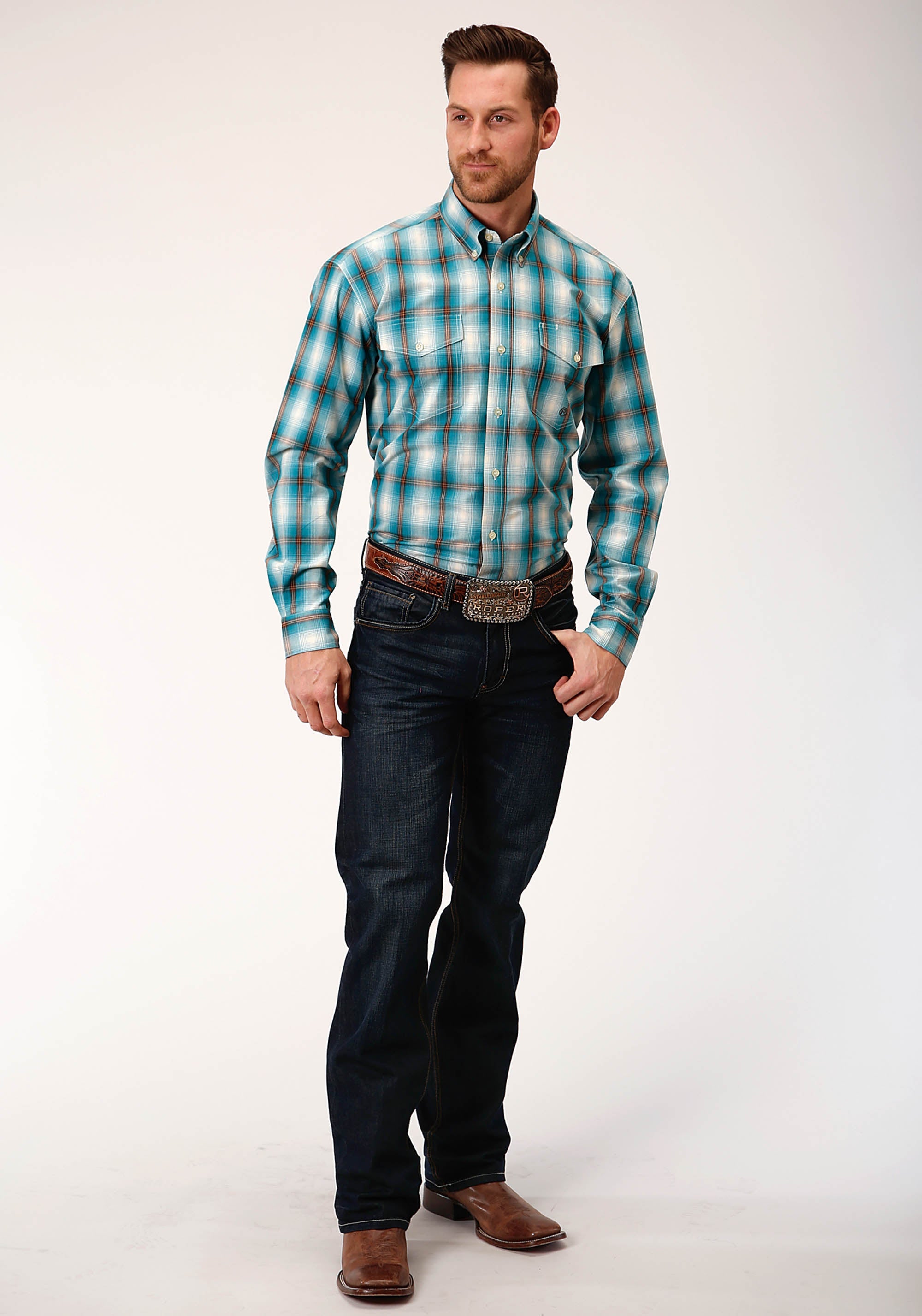 Roper Mens Long Sleeve Button Teal Ombre Western Shirt - Flyclothing LLC